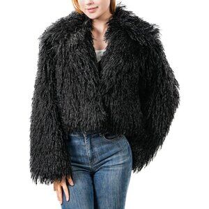 Faux Fur Jacket for Women Black Plus Size Cropped Fluffy Fall Coat